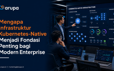 Ilustrasi infrastruktur Kubernetes-Native untuk modern enterprise dengan dashboard cluster dan monitoring