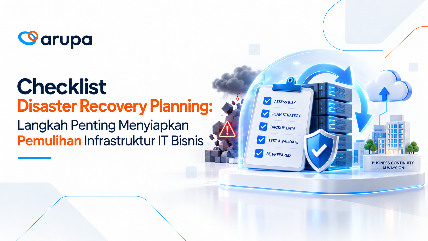 Ilustrasi checklist Disaster Recovery Planning untuk pemulihan infrastruktur IT bisnis