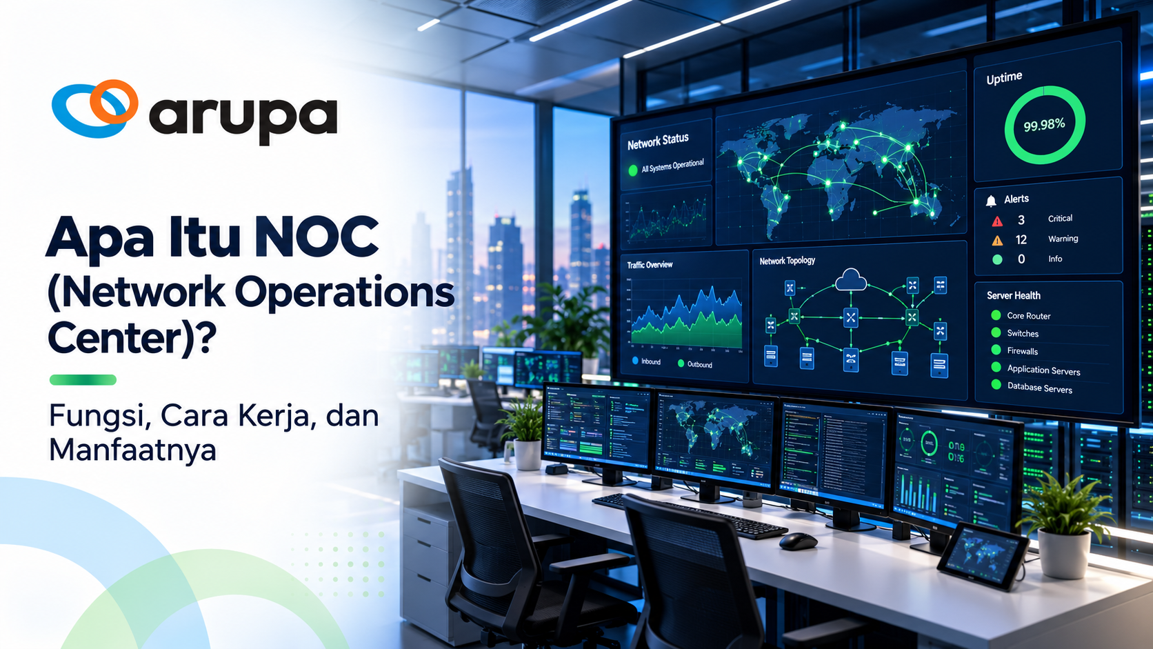 Ilustrasi Network Operations Center untuk monitoring jaringan, server, dan infrastruktur IT