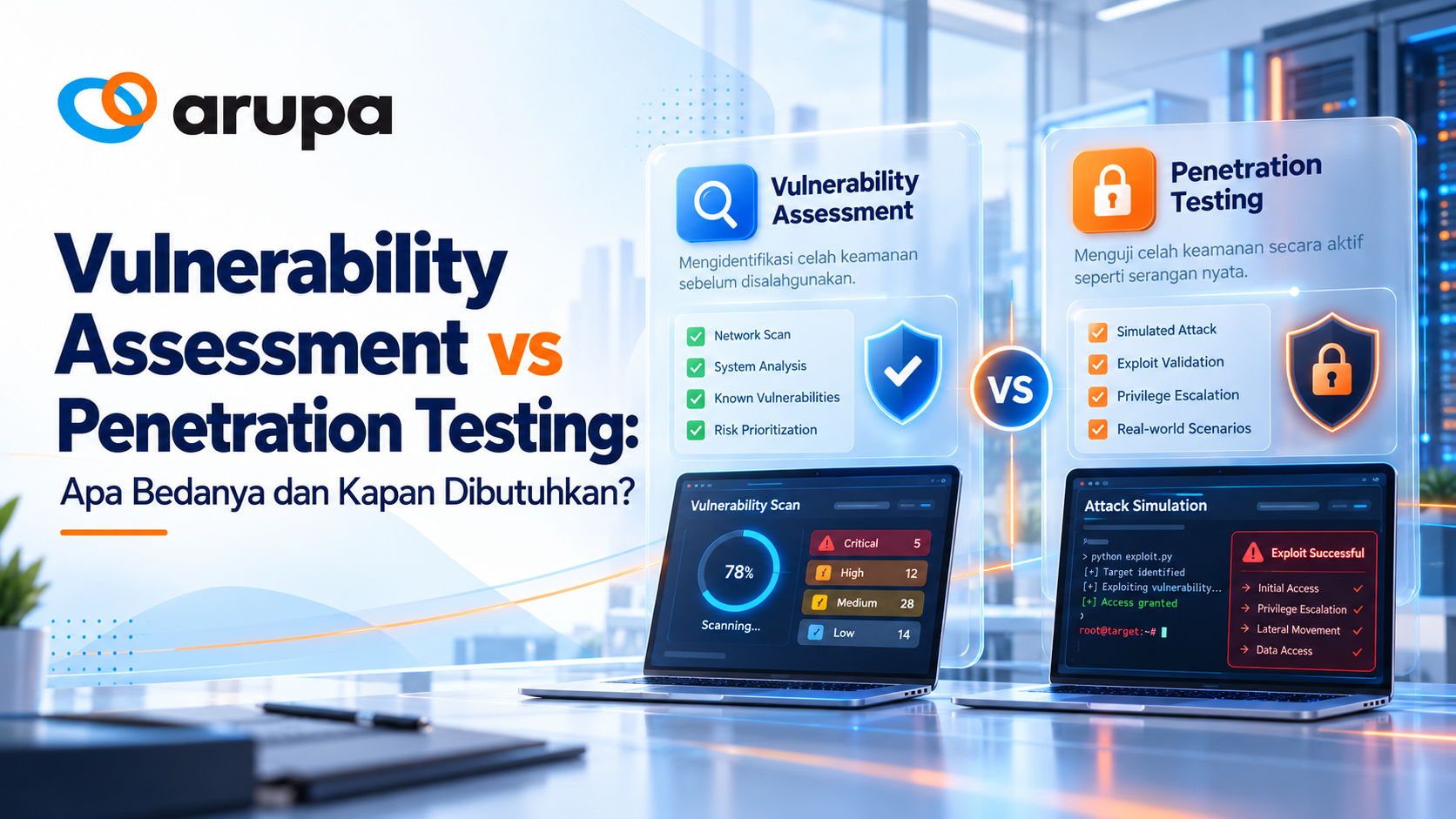 Ilustrasi perbandingan Vulnerability Assessment vs Penetration Testing untuk keamanan siber perusahaan