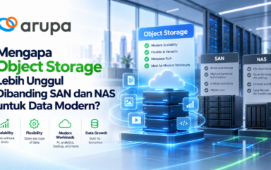 Ilustrasi perbandingan Object Storage, SAN, dan NAS untuk penyimpanan data perusahaan